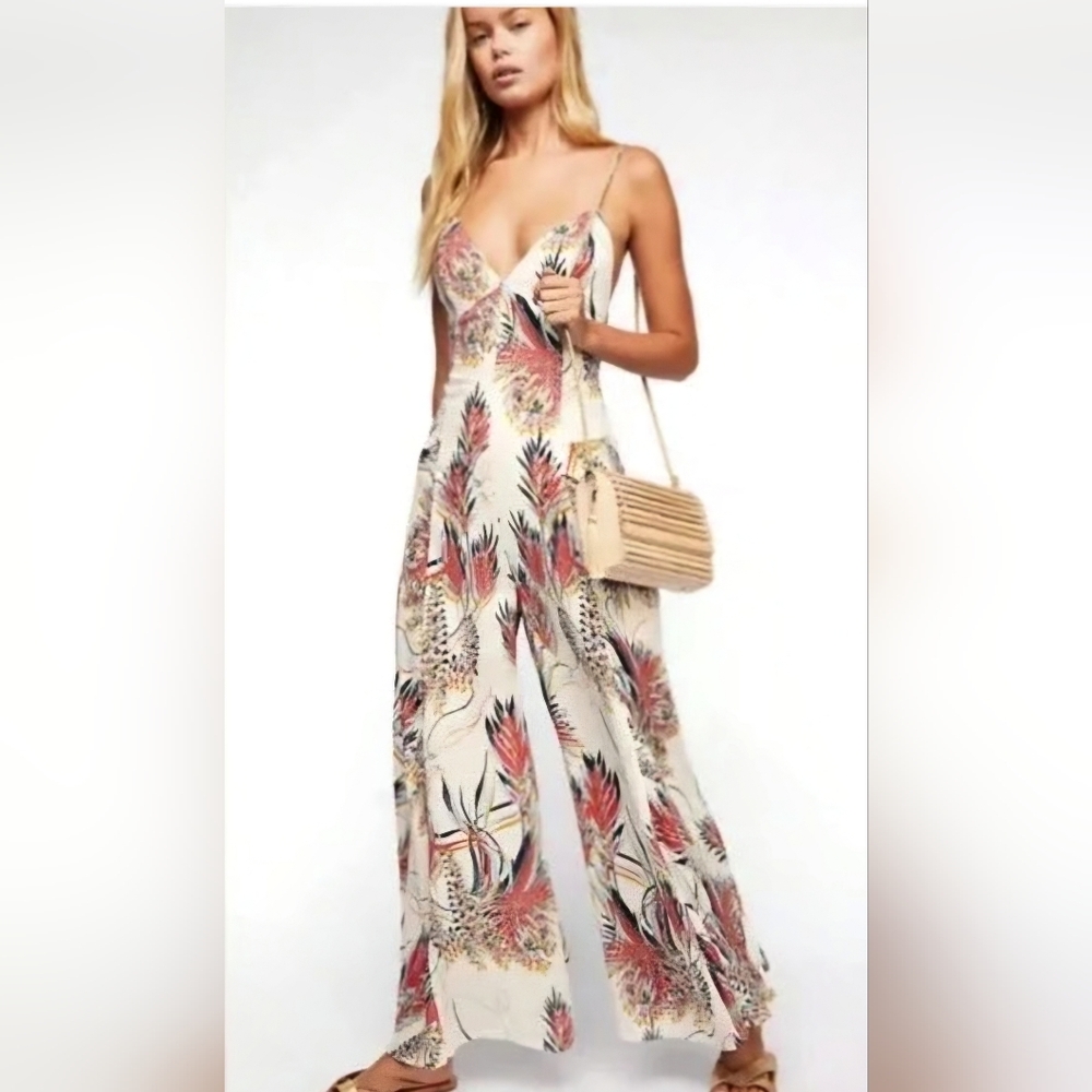 FREE PEOPLE Alissa Tropical Print Wide Leg Jumpsuit – Size 10